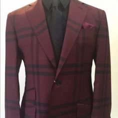 Brand New Burgundy/Black Burberry Print Super 150 Cerruti 1881 Wool Suit With Flat Front Pant. Notch Lapel. Ten Inch Double Vent. Ticket Pocket. Sold For 3 Times What It’s Offered Here. Elegant Burgundy Sets For Formal Occasions, Luxury Burgundy Blazer For Formal Occasions, Blue Striped Suit, Blue Pinstripe Suit, Grey Sport Coat, Cashmere Suit, Charcoal Gray Suit, Burberry Print, Seersucker Suit