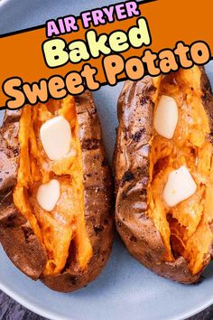 Two baked sweet potatoes with a text title overlay. Potatoes In The Air Fryer, Traditional Baking, Sweet Potato Oven, Nutritious Lunch, Vegetarian Slow Cooker Recipes, Sweet Potato Recipes Baked, Baked Sweet Potatoes, Vegetarian Soup Recipes, Slow Cooker Vegetarian