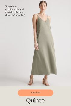 All of the elegance, none of the effort. Our vintage wash maxi slip dress is super soft to the touch and made with Lyocell, a biodegradable fabric made from the cellulose found in wood pulp. Not only does it require less water to produce, it’s wrinkle-, shrink- and static-resistant. With an easy drape and relaxed fit, it’s a flattering pick for date night or a weekend afternoon. Just add a few accessories and go  | Quince | Women's Vintage Wash Tencel Maxi Slip Dress in Olive, Tencel Woven, Size Solid Color Maxi Length Slip Dress For Spring, Solid Maxi Length Slip Dress For Spring, Silk Pajama Pants, Alpaca Cardigan, Linen Short, Maxi Slip Dress, Maxi Tank Dress, Silk Pajamas, Collar Blouse