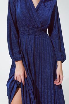 Subcategory: Dress. Collar: V-neck neckline. Sleeves: Long Sleeves. Fit: Standard fit. Style: Party. Detail: Metallic Finish. Fabric: Lurex. runs true to size. S. 51% Polyamide 44% Metal 5% Elastane Blue V-neck Dress For Holiday, Fitted Blue Long Sleeve V-neck Dress, Festive Blue V-neck Maxi Dress, Chic Blue Long Sleeve V-neck Dress, Glamorous Blue V-neck Evening Dress, High Waist Maxi Dress, Mens Lightweight Jacket, Dressy Sandals, Shiny Dresses