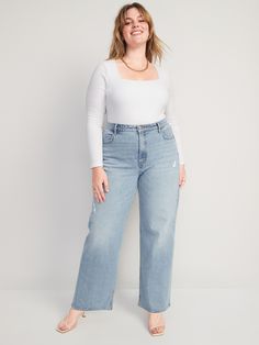 The extra high-waisted Sky-Hi mom jeans you love, now with an insta-cool wide leg! With a 1" higher rise than our standard high-waisted jeans, these take the wide-leg trend to new heights.   Straight extra high-rise waistband, with button closure and High Rise Jeans With Belt Loops, High Rise Everyday Bottoms, Mid-rise Solid Jeans With Belt Loops, High Rise Black Jeans, Womens Ripped Jeans, Rockstar Jeans, Button Fly Jeans, Straight Leg Denim, Light Wash Jeans