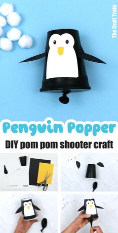 this penguin paper diy pom - pom shooter craft is so cute and easy to make