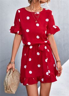 The Emes Shop dress is detailed with a classic polka dot print. Features a round neck line. short sleeves. A-line silhouette. ruffle hem. and above knee length. Pair it with sunnies and sandals for a cute look this season.MATERIALS: 100% PolyesterMEASUREMENTS: Product length is 36"- 37" in 4-6-Small | Waist: 25-26.5 in | Chest: 33-34.5 in | Hips: 35-36.5 in 6-8-Medium | Waist: 26.5-28 in | Chest: 34.5-36 in | Hips: 36.5-38 in 8-10-Large | Waist: 28-29.5 in | Chest: 36-37.5 in | Hips: 38-39.5 in Trendy Polka Dot Dresses For Summer, Trendy Polka Dot Summer Dress, Polka Dot Summer Dress With Short Sleeves, Casual Polka Dot Short Sleeve Dress, Summer Polka Dot Short Sleeve Dress, Summer Polka Dot Dresses With Short Sleeves, Polka Dot Summer Dress With Ruffle Hem, Shorts Jumpsuit, Shop Dress