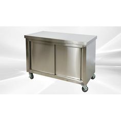 a stainless steel cabinet with two doors on wheels