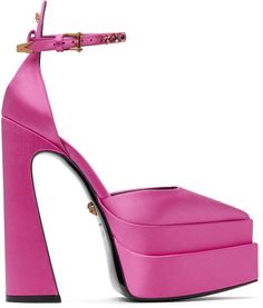 Pink Aevitas Platform Heels by Versace on Sale Versace Pumps, Versace Sandals, Pointy Pumps, Versace Pink, Pink Platform, Pink Collection, Pink Pumps, Satin Heels, Satin Pumps