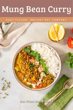 a bowl of mung bean curry with rice and garnish