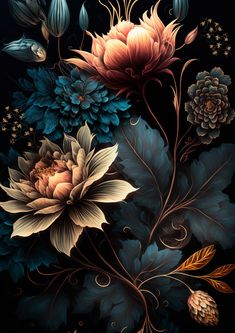 a painting of flowers and leaves on a black background