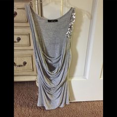 B’ Lee’s Top Gray And Stones On The Side Sleeveless Never Been Worn Silver Sleeveless Tank Top For Night Out, Silver Sleeveless Top For Night Out, Silver Tank Top For Spring Night Out, Silver Tank Top For Night Out In Spring, Silver Tank Top For Spring Party, Casual Silver Sleeveless Tank Top, Silver Fitted Tank Top, Chic Fitted Silver Tank Top, Silver Tank Top For Party