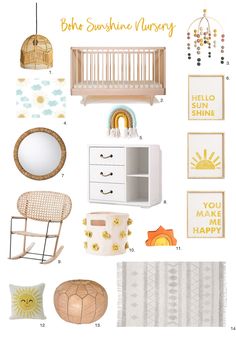 a baby's nursery room with white furniture and accessories