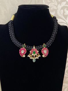 Jadau Kundan motifs black thread mangalsutra Kundan Mangalsutra, Black Thread Necklace, Black Beads Mangalsutra, Black Beads Mangalsutra Design, Gold Necklace Indian, Thread Necklace, Mangalsutra Designs, Thread Jewellery, Gold Necklace Set