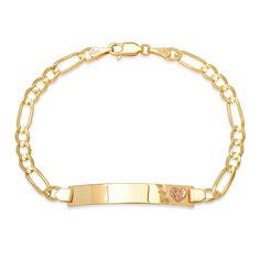 Signature Roberto Martinez designs made with imported Italian chain. Solid 14K Yellow and Rose gold Secure lobster claw clasp Your choice of design to personalize ID plaque dimensions are 1.45 inch long x .24 inch wide Average weight approximately 5.05 gr. Style # GB7379, GB7384, GB7381, GB7383 Yellow Gold Rectangular Bracelet With Lobster Clasp, Rectangular Yellow Gold Bracelet With Lobster Clasp, Rose Gold Jewelry With Rectangular Links And Polished Finish, Personalized Classic Rose Gold Bracelet, 14k Gold Rectangular Bracelet With Lobster Clasp, Classic Personalized Link Jewelry, 14k Gold Figaro Chain Nameplate Jewelry, Engraved Oval Link Yellow Gold Bracelet, Elegant Nameplate Figaro Chain Jewelry