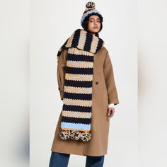 Nwt Initially Priced At $495 Tory Burch Striped Oversized Beanie And Scarf Set Zig Zag Scarf, Tory Burch Scarf, Oversized Beanie, Striped Beanie, Mohair Scarf, Pompom Scarf, Cable Knit Scarf, Striped Beanies, Reversible Scarf