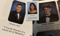 an open book with pictures of two people in formal wear and one has a quote from the same person