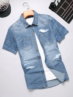 Men Ripped Pocket Patched Denim Shirt Without Tee Medium Wash Casual  Short Sleeve Denim Plain Shirt Non-Stretch  Men Clothing, size features are:Bust: ,Length: ,Sleeve Length: Patched Denim, Short Sleeve Denim, Outfits Hombre, Denim Shirt Men, Plain Shirt, Sleeve Men, Denim Patches, Mini Dress Casual, Plain Shirts