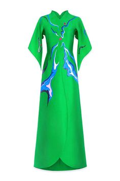 Butterfly A-line Cape Sleeved Zibeline Floor Length Ao Dai | MEAN BLVD Silk Kaftan With Cape Sleeves For Evening, Elegant Silk Kaftan With Cape Sleeves, Fitted Kaftan For Summer Evening, Elegant Short Sleeve Spring Kaftan, Fitted Kaftan For Evening In Summer, Fitted Kaftan For Evening And Summer, Spring Evening Silk Kaftan, Green Silk Short Sleeve Maxi Dress, Short Sleeve Green Silk Maxi Dress