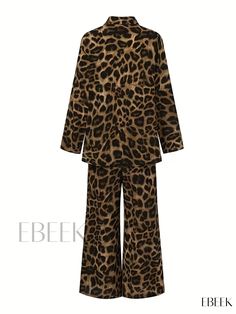 Ebeek - Womens Fashionable Leopard Print Two-Piece Set: Coordinated Button-Front Long Sleeve Shirt and Wide Leg Pants Ensemble Casual Fall Sets With Buttons, Fall Loungewear Sets With Button-up, Trendy Button-up Loungewear Sets, Fall Loungewear Button-up Sets, Shirt And Wide Leg Pants, Wide Leg Pants Outfits, Leg Pants Outfit, Womens Casual Outfits, Two Piece Dress