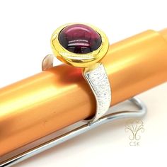 Elegant Elegant Gemstone Ring. High-quality workmanship and frame. Highest jewelry quality! Material: 925 silver (nickel-free; does not turn black) with 18 carat/3 micron gold plated (thick layer for life brushed ring band, garnet as a round cabochon Ring band dimensions: 3-6 mm Bead/stone size including setting: 13 x 13 mm Lightweight and comfortable to wear thanks to the flat ring band. Easy to combine with other rings thanks to the raised setting. Particularly elegant with other rings from th Modern Formal Ruby Ring, Formal Gemstone Stackable Rings With Round Band, Formal Ruby Stackable Rings, Modern Rings With Round Gemstone, Modern Gemstone Ring With Round Stone, Elegant Garnet Ring With Bezel Setting, Modern Gemstone Rings With Round Stone, Formal Ruby Ring With Bezel Setting, Oval Ruby Ring Stackable For Formal Occasions