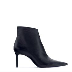 Zara Pointed Leather Heeled Ankle Boots Or Booties. V-Split At The Front. Inner Side Zipper Closure And Pointed To. Size 8 Elegant Ankle Boots With Sculpted Heel, Office Ankle-high Boots With Sculpted Heel, Office Boots With Sculpted Heel, Elegant Ankle Heeled Boots For Workwear, Chic High Heel Boots With Sculpted Heel, Classic Ankle-high Heels For Work, Elegant Ankle Boots With Stacked Heel, High Ankle Booties With Padded Ankle For Work, Elegant Ankle Heeled Boots With Stacked Heel