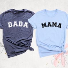 "Mama Dada Shirt, Family Matching Shirts, Mothers day gift Mama Shirt, Fathers day Dad Shirt, Pregnancy Reveal shirt, Baby Announcement Shirt Hello, Thanks for your support. Your gladness comes first and all work is done with LOVE in here. Always keep your support please:)   Mama Dada Couples  shirts are branded Bella+Canvas.  Mama Dada Couples  Shirt Contents: - Solid colors: %100 Cotton. - Heather colors: %52 Cotton + %48 Polyester * This ultra-soft graphic tee is made from a comfortable cotton-poly blend that is breathable, non-shrinking, and lasts longer than your average graphic shirt. HOW TO ORDER YOUR MAMA DADA COUPLES SHIRT -Please, Check and Review all Mama Dada Couples  Shirt Photos. -Select Your Mama Dada Couples  T-Shirt Size and Mama Dada Couples T-Shirt Color from drop down m Father's Day Gift Tops With Letter Print, Custom Text Cotton Shirt For Gift, Cute Blue Shirt For Gift, Cute Blue Shirt As A Gift, Cute Blue Shirt As Gift, Family Matching Shirt With Funny Text For Father's Day, Mother's Day Blue Crew Neck Shirt, Father's Day Family Matching Shirt With Funny Text, Personalized Cotton Shirt As Gift