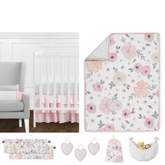 Pink and Gray Watercolor Floral 11pc Crib Bedding Set has all that your little bundle of joy will need. Let the little one in your home settle down to sleep in this incredible nursery set. This baby girl bedding set features a hand painted watercolor floral print, a mini gray polka dot, and solid blush pink fabrics. This collection uses the stylish colors of gray, white, and delicate shades of pinks. The design uses brushed microfiber fabrics that are machine washable for easy care. This wonderf Pink Fabrics, Crib Comforter, Gray Watercolor, Girl Bedding, Top Of Bed, Girls Bedding Sets, Crib Toddler Bed