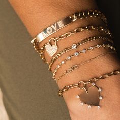 14k gold tiny capital letter LOVE chain bracelet SPECIFICS • 14k cable chain adjustable at 6-6.5-7"• LOVE is approx. 13mm x 3.2mm Letter Love, Heart Padlocks, Round Diamond Setting, Heavy Chain, Link Chain Bracelet, Love Bracelet, Small Heart, Itty Bitty, Ring Size Guide