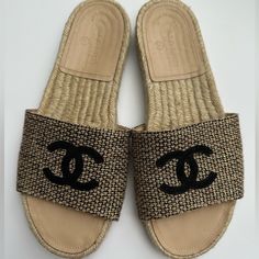 Chanel Espadrille Slides/Sandals Pre-Owned, Lightly Worn, In Excellent Condition Black, Taupe, And Gold Woven Tweed Material Size 39 Tweed Material, Espadrilles Slides, Shoes Chanel, Chanel Espadrille, Slides Sandals, Chanel Shoes, Women's Shoes Sandals, Shoes Sandals, Slides