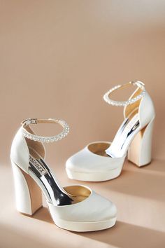 Equal parts playful and daring, this chunky platform heel is finished with a charming pearl-embellished ankle strap. | Felixa Ankle Strap Platform Heels by Badgley Mischka in White, Women's, Size: 10, Satin at Anthropologie Dr Shoes, Cute Shoes Heels, Wedding Shoes Heels, Outfit Check, Prom Dress Inspiration, Fancy Shoes, Cute Heels, Girly Shoes, Wedding Heels