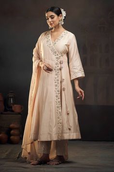 Beige angarkha with gota flower work embroidery. Comes with gota work pant and organza dupatta. - Aza Fashions Cotton Silk Sherwani With Dupatta, Navratri Cotton Silk Sherwani With Dupatta, Transitional Cotton Silk Sherwani With Dupatta, Designer Slub Silk Sherwani With Traditional Drape, Anarkali Style Semi-stitched Silk Sherwani, Anarkali Style Silk Sherwani For Designer Wear, Silk Sherwani With Dupatta For Navratri, Anarkali Cotton Silk Sherwani For Wedding, Silk Anarkali Kurta With Traditional Drape