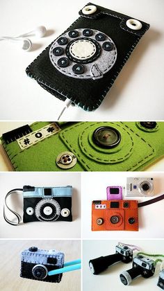 there are many different types of cameras on the table and one is made out of fabric