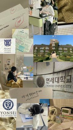 collage of photos with people and buildings in the background, including an advertisement for yoshi university