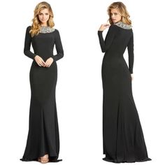 Mac Duggal Embellished Collar Jersey Gown Maxi Dress 25926 In Black Size 4 Nwot Sheath Gown With Train And Beaded High Neck By Mac Duggal. This Classy Sheath Gown By Mac Duggal Will Make You Stand From The Crowd. Featuring Beaded Appliques On The High Neckline, The Fitted Bodice Looks Alluring And Has Long Sleeves Along With A Closed Back. Tracing Your Natural Curves Smoothly, The Dress Falls Into A Full-Length Sheath Skirt With A Sweep Train Finish. Full-Length Jersey Gown With Sequins, Beading Black Rhinestone Gown For Evening, Black Rhinestone Evening Gown, Elegant Evening Maxi Dress With Rhinestones, Formal Black Gown With Rhinestones, Elegant Formal Maxi Dress With Rhinestones, Formal Maxi Evening Dress With Rhinestones, Formal Evening Dress With Rhinestones In Maxi Length, Sheath Skirt, Embellished Collar