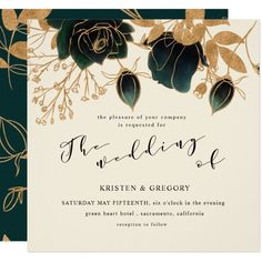 an elegant wedding card with gold foil flowers and leaves on the front, in dark green