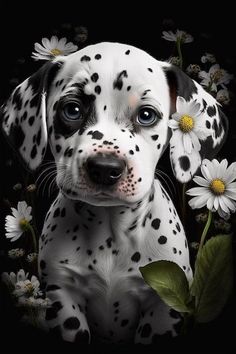 a dalmatian puppy with daisies in its mouth