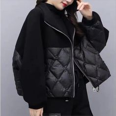 New Winter Women's Coats Down Cotton Jacket Lightweight Warmth Tops Long Sleeve Hoodie Loose Korean Quilted Casual Hooded Jacket For Fall, Casual Quilted Hooded Jacket For Fall, Hooded Patchwork Puffer Jacket For Cold Weather, Winter Outdoor Patchwork Hooded Jacket, Winter Windbreaker With Zipper Closure For Cold Weather, Trendy Winter Hooded Jacket For Outdoor Activities, Casual Windproof Puffer Jacket For Fall, Winter Long Sleeve Windbreaker With Patchwork, Winter Long Sleeve Patchwork Windbreaker