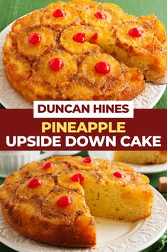 pineapple upside down cake on a plate with the words duncan pines upside down cake