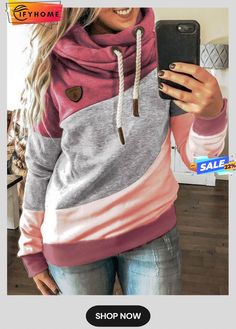 Pink Long Sleeve Sweatshirt Pink Leisure Hoodie For Fall, Pink Hoodie For Leisure In Fall, Pink Patchwork Hoodie For Fall, Hooded Color Block Cotton Top, Casual Long Sleeve Patchwork Sweater, Casual Long Sleeve Sweater With Color Matching, Casual Patchwork Crew Neck Outerwear, Casual Crew Neck Sweater With Patchwork, Fall Color Matching Tops