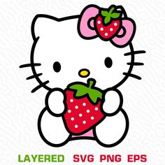 a hello kitty holding a strawberry with the words layered svg png eps