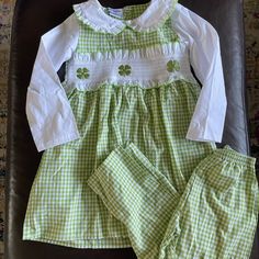 Sweet Little Shamrock Embroidered, Collared Dress With Matching Green Gingham Pants Size 6 Excellent/Never Worn Condition Smoke/Pet Free Fitted Pants For School In Spring, Cute Spring Daywear Sets, Casual Embroidered Sets For Fall, Fitted Pants For Spring Playwear, Cute Daywear Sets For Spring, Fitted Spring Sets For School, Fitted Sets For School Spring Season, Green School Sets For Spring, Spring School Fitted Sets