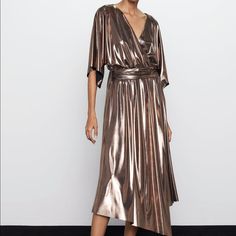 Zara Metallic Effect Dress Metallic V-neck Evening Dress, Metallic Maxi Dress For Summer Evening, Metallic Maxi Dress For Evening In Summer, Chic Metallic Midi Dress For Party, Glamorous Short Sleeve Maxi Dress For Spring, Metallic Midi Cocktail Dress, Glamorous Metallic Midi Dress, Elegant Metallic Summer Maxi Dress, Elegant Metallic Maxi Dress For Summer