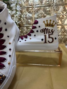 Pick your own colors and Personalized Dancers Sneakers for your Quinceañera. Remember to add your name and the date of the event on the Personalization tab. Perfect match for that dress, don’t forget to ask us for a matching Tiara - Crown. You can search in our Etsy store - GuiltychicPrint for more information about our reviews.🌟Includes🌟- Pick shoelace colors. - The toe top is covered with bright rhinestones.- On the sides of the shoe (right & left), the idea/name/date is printed in solid or glitter color.- Date of the event on the back🧡You will receive🧡- One pair of Personalized sneaker canvas off-brand- One special custom bag for the shoes🙏Working together🙏- You can pick a combination of the colors. See the letter color options below.- Please enter the date of the celebration and Customizable White Sneakers For Party, Quinceanera Shoes, Pink Quince, Blue Crown, Blue Party, 15 Gifts, 15th Birthday, Tiaras And Crowns, Flower Fashion