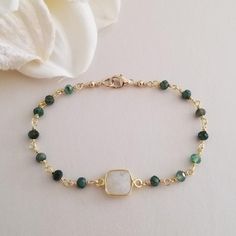 Emerald and Moonstone Bracelet, Dainty Beaded Gemstone Bracelet Crystal Chain Bracelet, Tiny Gemstone Jewelry, Bead And Chain Bracelet, Faceted Beads Bracelet, Square Beads Bracelet, Bezel Set Jewelry, Dainty Diy Jewelry, Dainty Gemstone Bracelets, Natural Stone Bracelet Ideas