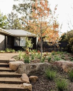 a house with stone steps leading up to the front door and trees in the background