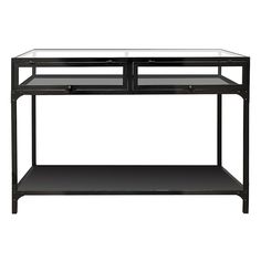 a black metal and glass console table with two shelves on one side, against a white background