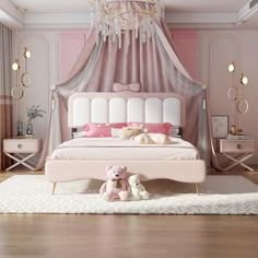 a pink and white bedroom with a chandelier over the bed, teddy bears on the floor