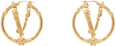 Pair of hoop earrings in gold-tone brass. · Logo charm at face · Medusa hardware at drop · Hinged-post fastening · D2.5 Supplier color: Light gold Gold-tone Clip-on Hoop Earrings In Brass, Gold-tone Round Earrings, Gold-tone Small Hoop Earrings, Formal Gold-tone Hoop Jewelry, Gold-tone Clip-on Hoop Jewelry, Brass Clip-on Hoop Jewelry, Gold-tone Hoop Earrings, Luxury Small Hoop Brass Earrings, Clip-on Brass Hoop Jewelry