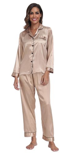 PRICES MAY VARY. Fabric: our satin pajama sets are made with soft, skin-friendly,quality, lightweight and comfortable silky fabric, helping you have a sound sleep. Features: two-piece pajama sets sleepwear nightwear include a pajama top and pajama bottoms, comfortable and classic yet fashionable. Satin pajama set is for women and girls. Pajama top: silky satin t-shirt. Solid color, long sleeves, button-front closure, a chest pocket and with notch collar. Pajama bottoms: elastic waist pants, ankl Satin T Shirt, Silk Loungewear, Sadies Dress, Pajama Set Long, Bridesmaid Pajama Set, Pjs Set, Long Sleeve Pajamas, Silk Pajamas Women, Satin Pajama Set