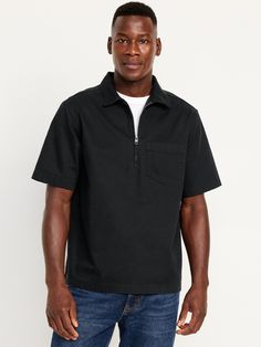 spread collar short sleeves quarter-zip front chest pocket loose fit hits below waist model is approx.  6'1" and wears size mmachine wash according to the care instruction label Black Short Sleeve Polo Shirt With Pockets, Black Half-zip Top With Pockets, Black Cotton Polo Shirt With Pockets, Casual Black Polo Shirt With Pockets, Black Collared Utility Top, Holiday Gifts For Men, Mens Quarter Zip, Old Navy Men, Jack Black