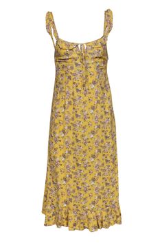 Current Boutique-Auguste - Light Yellow Floral Print Sleeveless Midi Dress Sz 2 Summer Daywear Midi Dress With Ruffle Hem, Flowy Floral Midi Dress With Ruffled Straps, Flowy Floral Print Midi Dress With Ruffled Straps, Knee-length Ruffled Floral Dress For Summer, Spring Floral Cotton Midi Dress, Summer Knee-length Floral Dress With Ruffles, Knee-length Floral Dress With Ruffles For Summer, Flowy Midi Dress With Ruffled Straps For Daywear, Spring Cotton Midi Dress With Floral Print