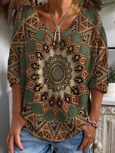 Women's Tribal Geometric Print T-Shirts Casual V-Neck Long Sleeve T-Shirt Bohemian Multicolor V-neck T-shirt, Multicolor Print V-neck Top For Fall, Green Printed V-neck Top, Green V-neck T-shirt With Graphic Print, Bohemian Cotton V-neck T-shirt, Casual Tops With Multicolor Geometric Pattern, Bohemian V-neck Blouse With Graphic Print, Bohemian Multicolor V-neck Top, Casual Green Tops With Geometric Pattern