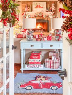 a living room decorated for christmas with presents